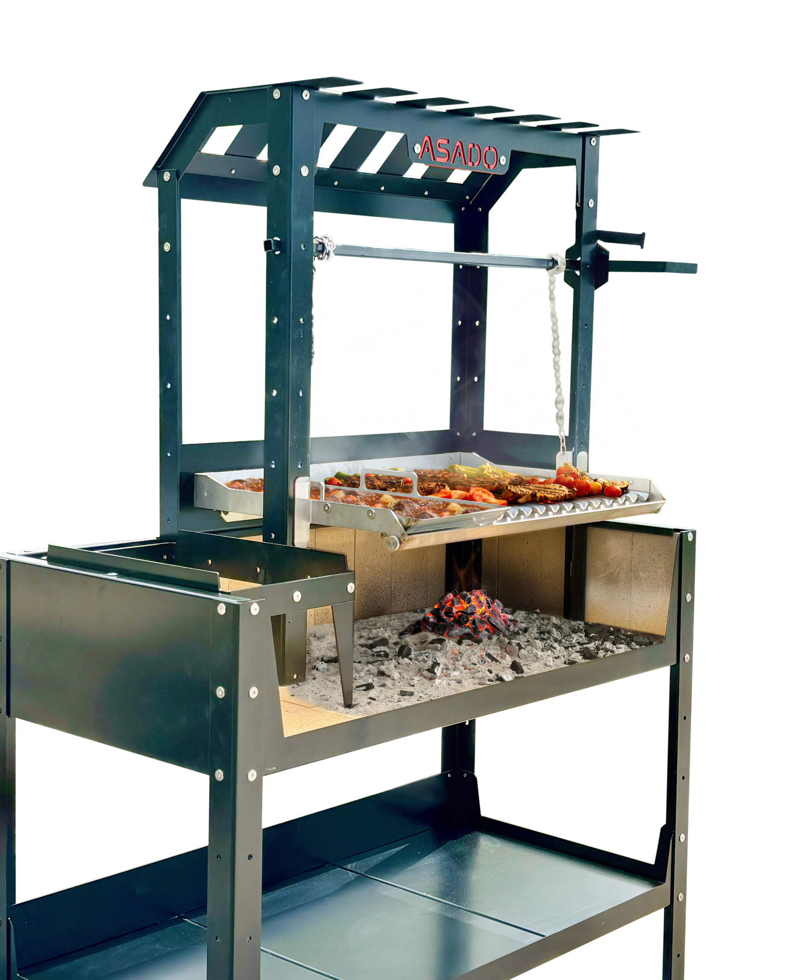 Asado grill on fire from the side